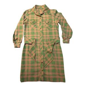 Vintage 70s Beeline Fashions Plaid Shirt Dress Green‎ Tan Mod dagger collar midi